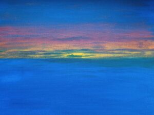 Abstract painting titled Sunset with blues, red. orange and yellow by Kellyanne