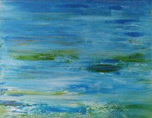 Abstract painting titled The River by multi-media artist, Kellyanne with many shades of blue and green