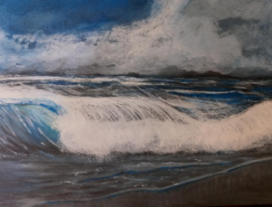 Painting of a wave crashing onto the shore with storm clouds overhead.