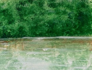 A painting of a lake surrounded by trees.