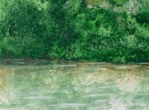 A painting of a lake surrounded by trees.