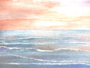 A painting of a sunset over the ocean