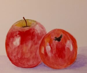 A watercolor painting of two red apples.