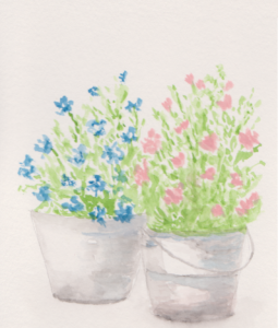 A watercolor painting of two pails with flowers in them