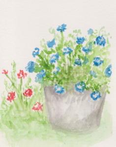 A watercolor painting of blue flowers in a pail beside some red flowers on the ground beside it.