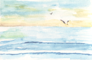 A painting of two seagulls flying over the sea at sunset.