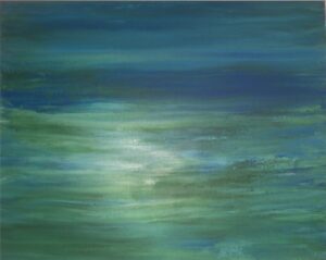 An abstract painting of the ocean under the moonlight