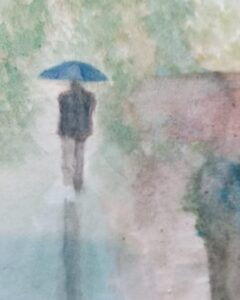 A watercolor painting of a man holding a blue umbrella waking away in the rain