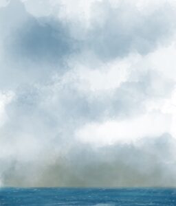 A painting of the ocean under a big sky full of clouds.