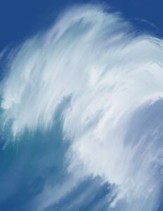 A painting of a wave close up.